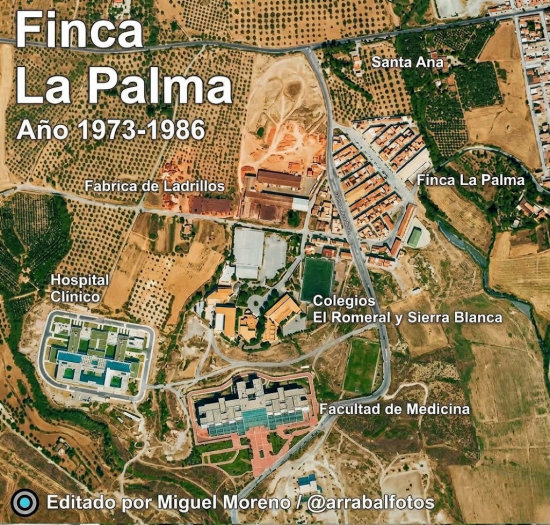 Ortofoto histórica coloreada de Finca La Palma entre 1981 y 1986 con lugares identificados
