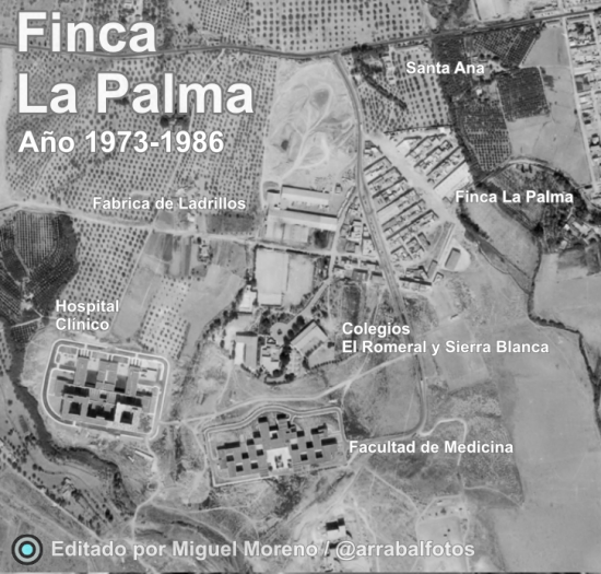 Ortofoto histórica de Finca La Palma entre 1981 y 1986 con fábrica y edificios universitarios